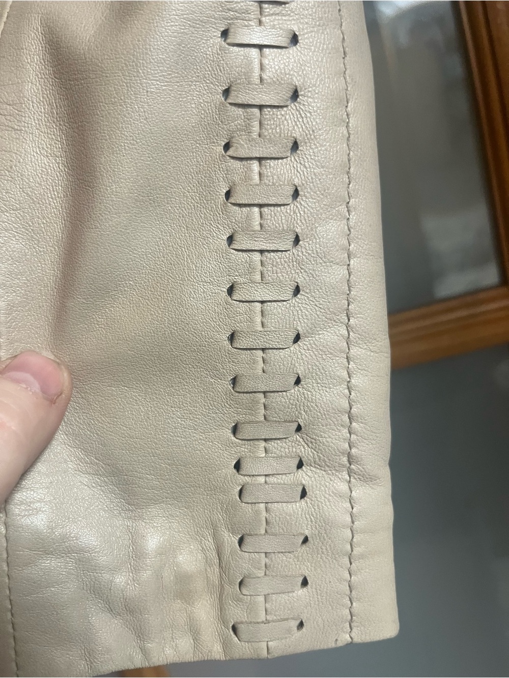 Black Rivet asymmetrical leather moto biker jacket in light taupe - Picture 7 of 13